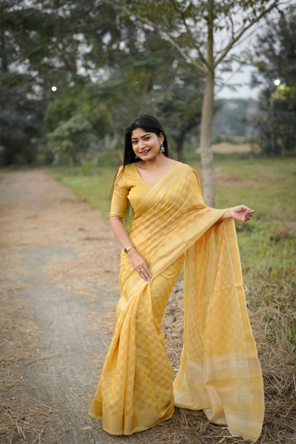 Tissue Zari Checks Soft Silk Saree - YELLOW