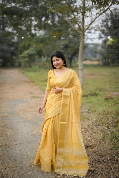 Tissue Zari Checks Soft Silk Saree - YELLOW