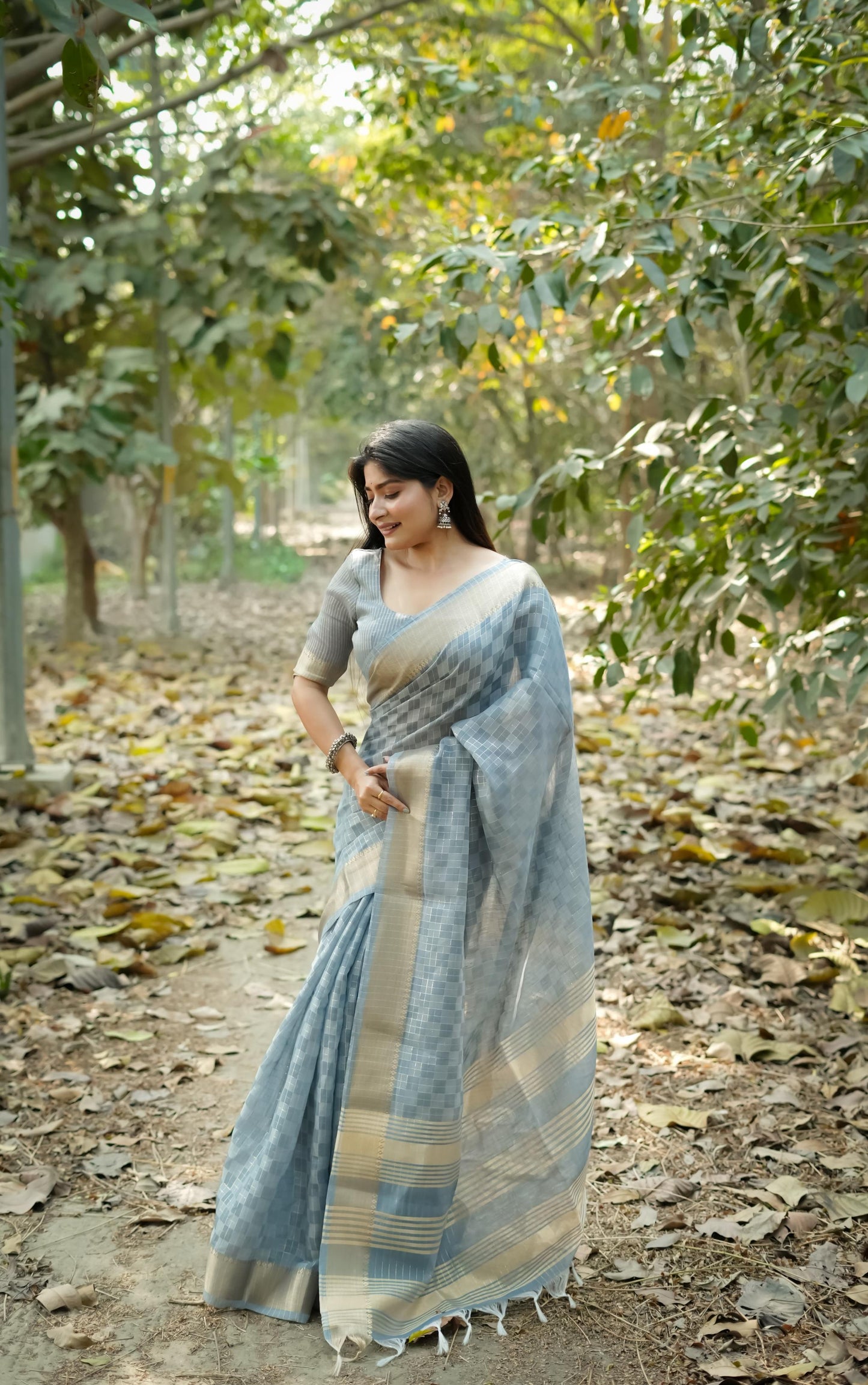 Tissue Zari Checks Soft Silk Saree - GREY