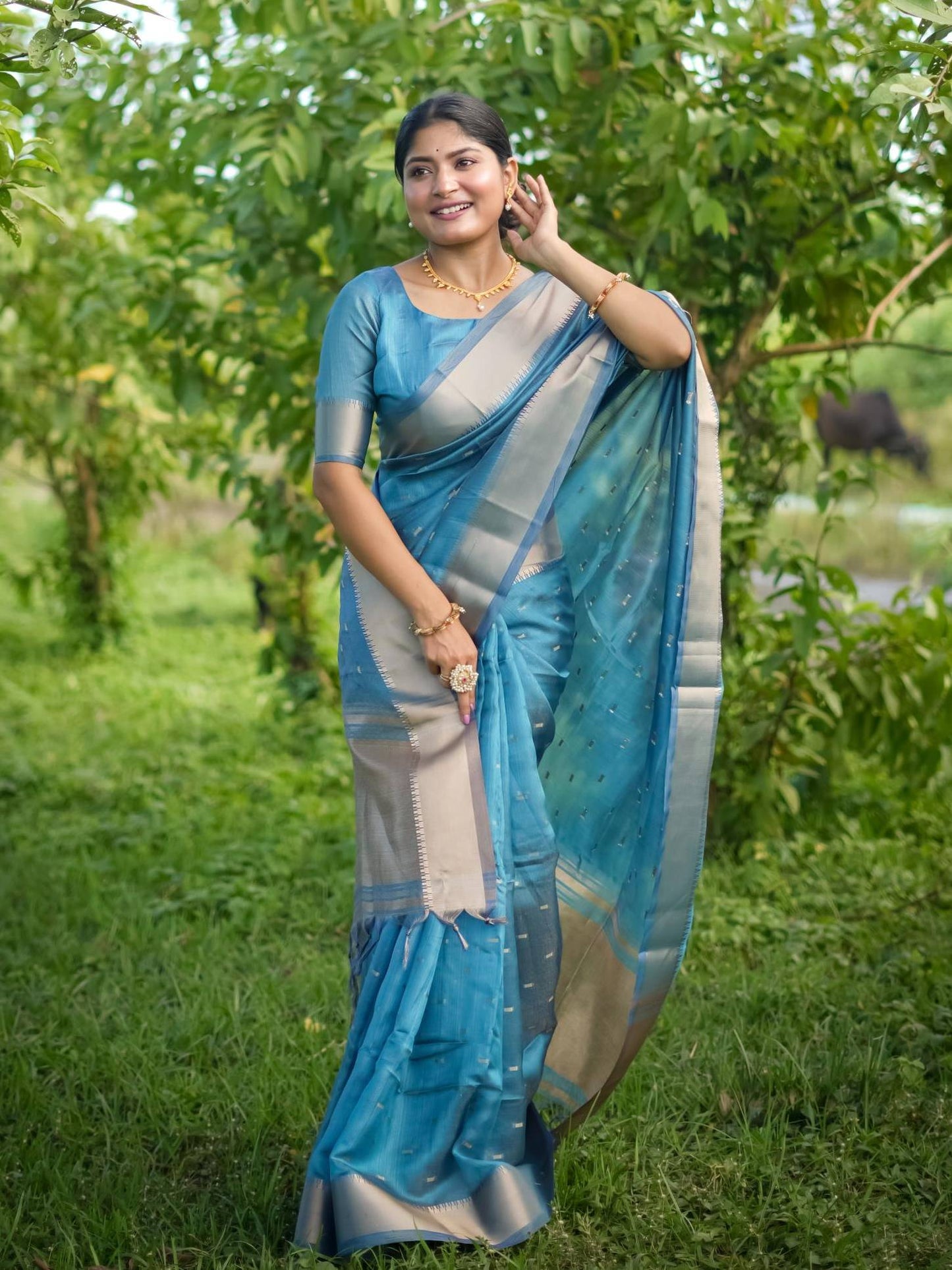 Soft Kalyani Silk Saree With All Over Small Zari Weaving Butties - BLUE