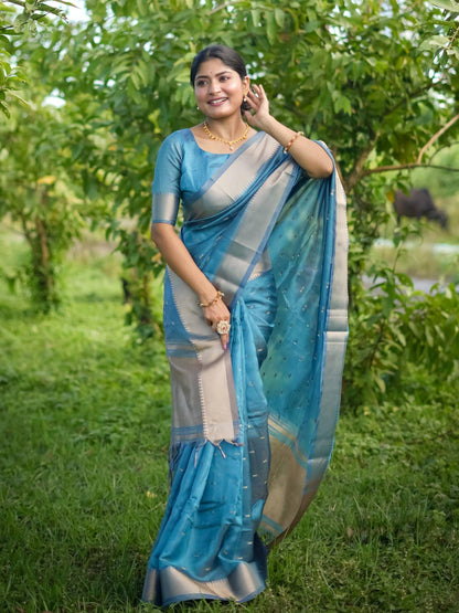 Soft Kalyani Silk Saree With All Over Small Zari Weaving Butties - BLUE