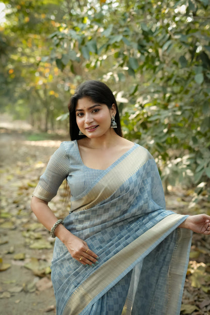 Tissue Zari Checks Soft Silk Saree - GREY