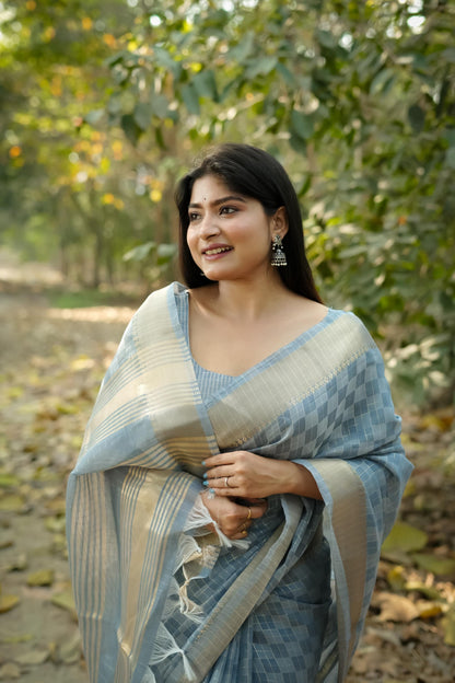 Tissue Zari Checks Soft Silk Saree - GREY