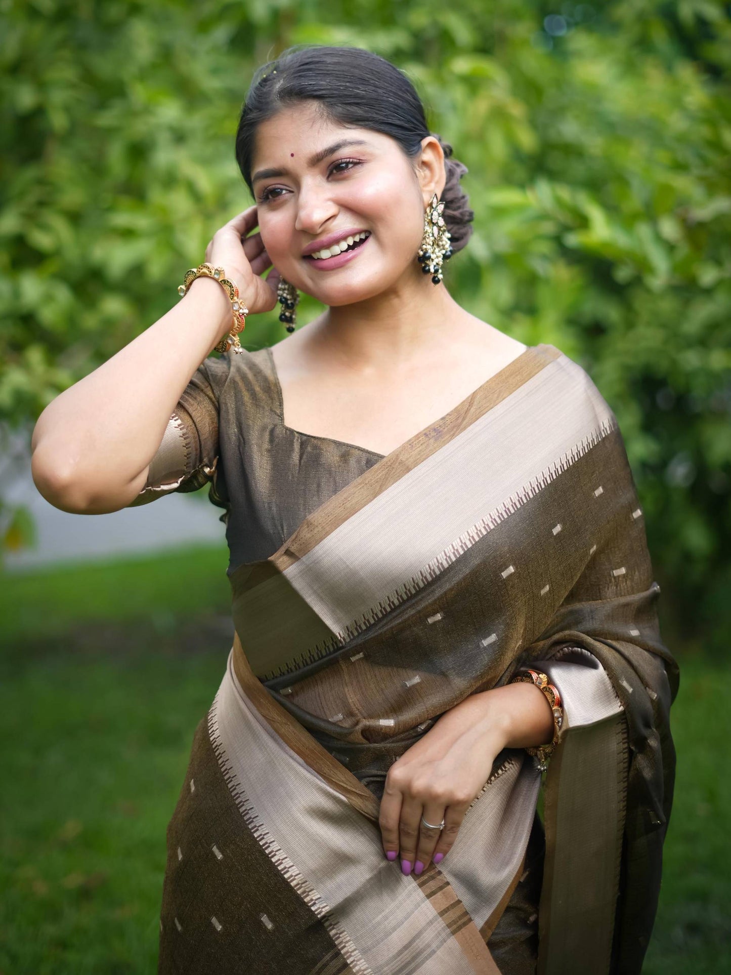 Soft Kalyani Silk Saree With All Over Small Zari Weaving Butties - COFFEE