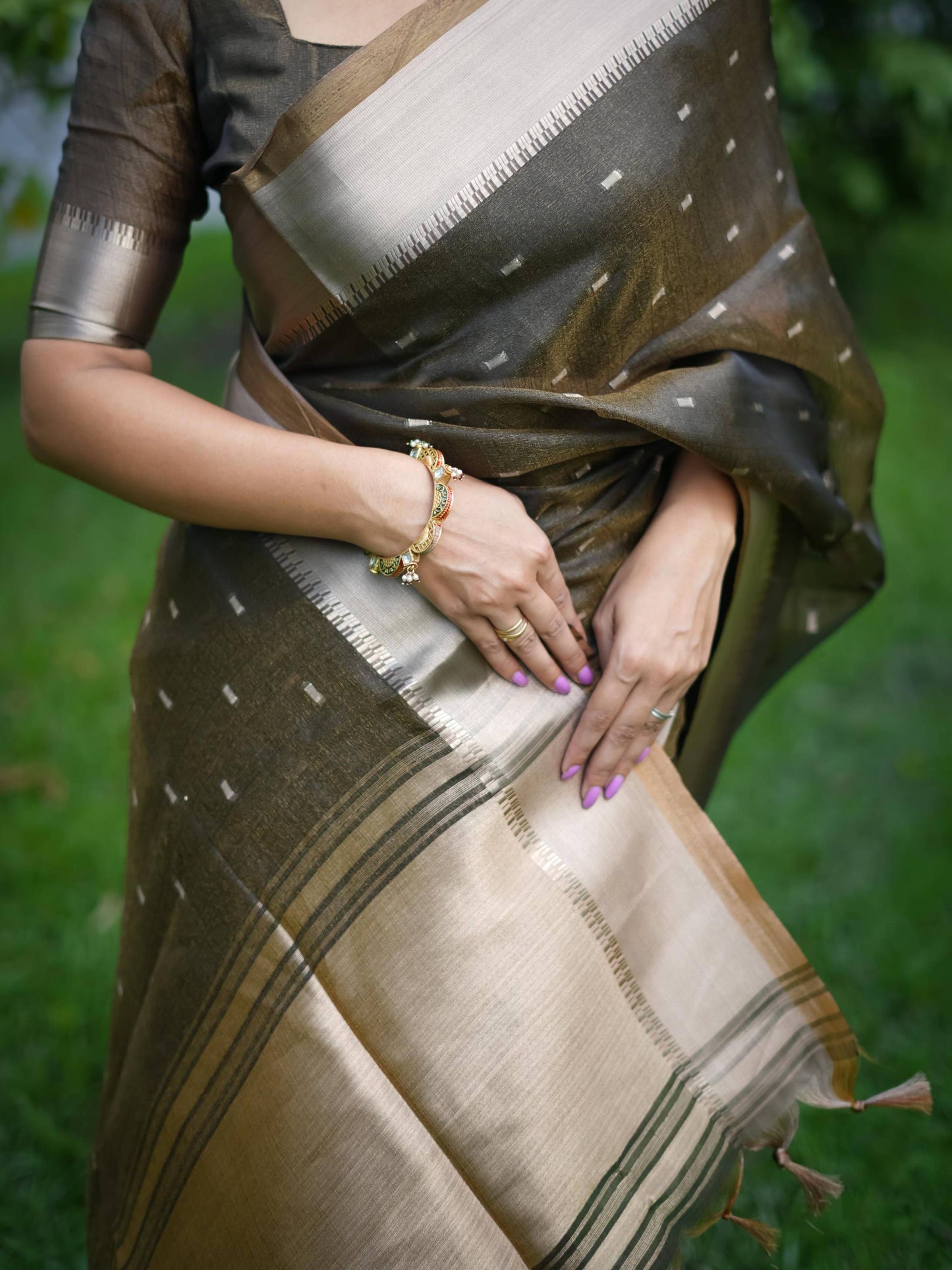 Soft Kalyani Silk Saree With All Over Small Zari Weaving Butties - COFFEE