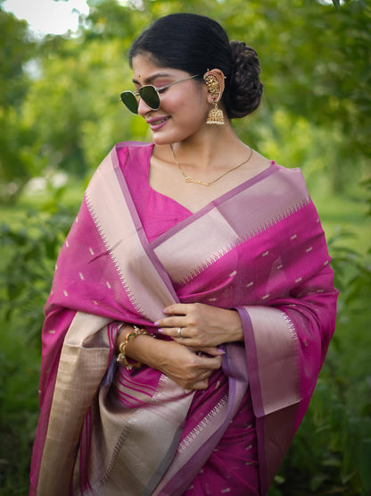 Soft Kalyani Silk Saree With All Over Small Zari Weaving Butties - PINK
