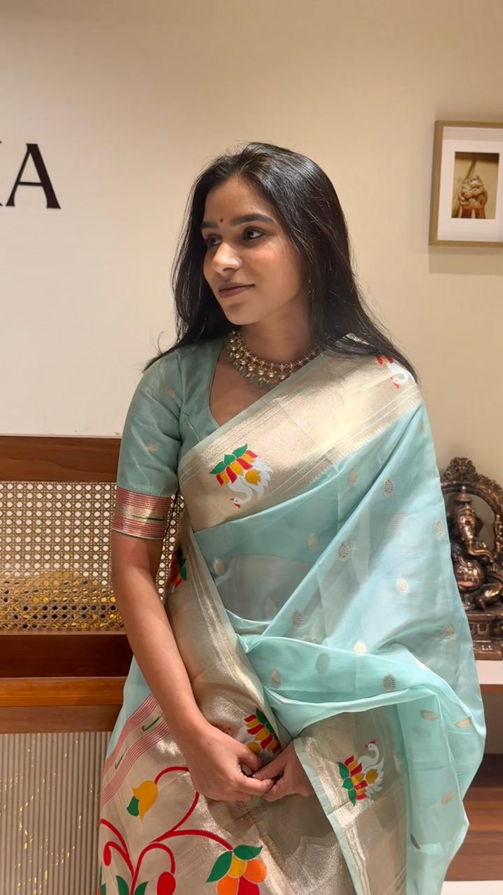Organza Tissue Paithani Silk Saree - Sky blue
