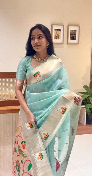 Organza Tissue Paithani Silk Saree - Sky blue