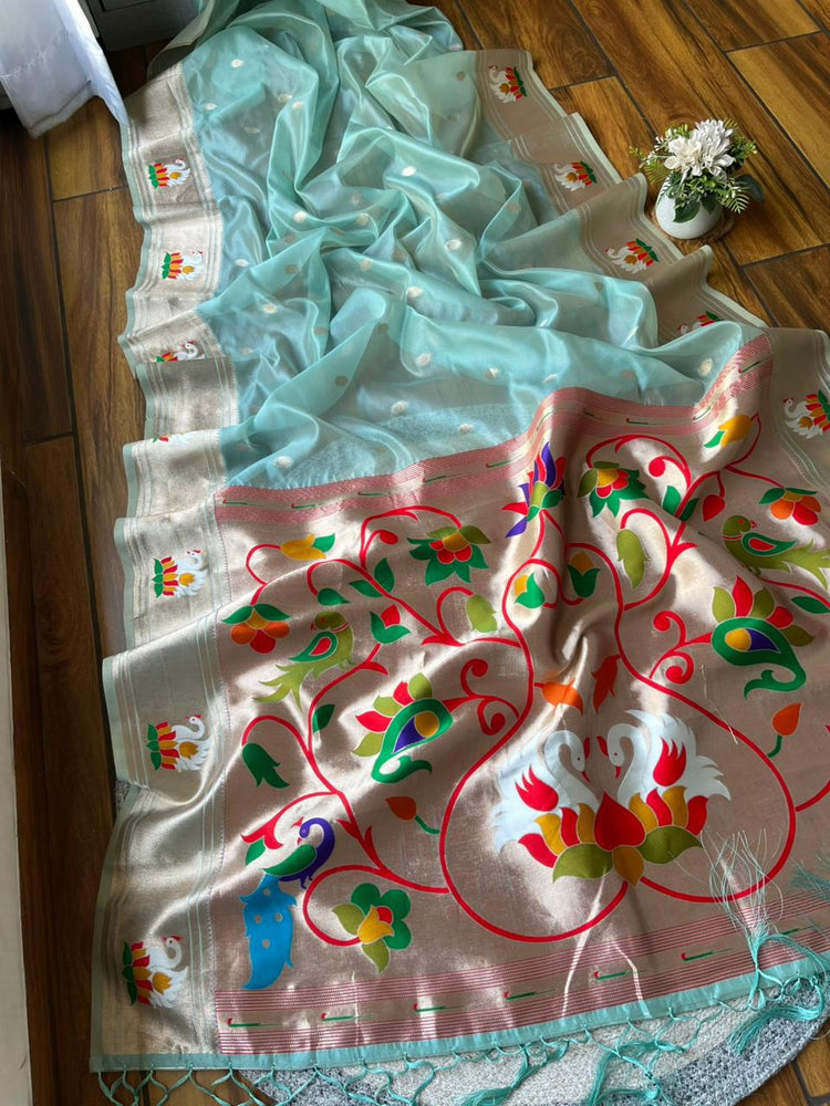 Organza Tissue Paithani Silk Saree - Sky blue