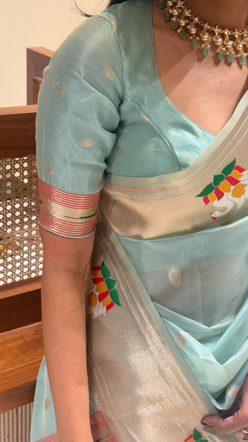Organza Tissue Paithani Silk Saree - Sky blue