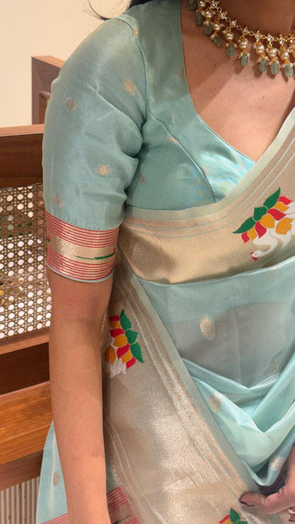 Organza Tissue Paithani Silk Saree - Sky blue