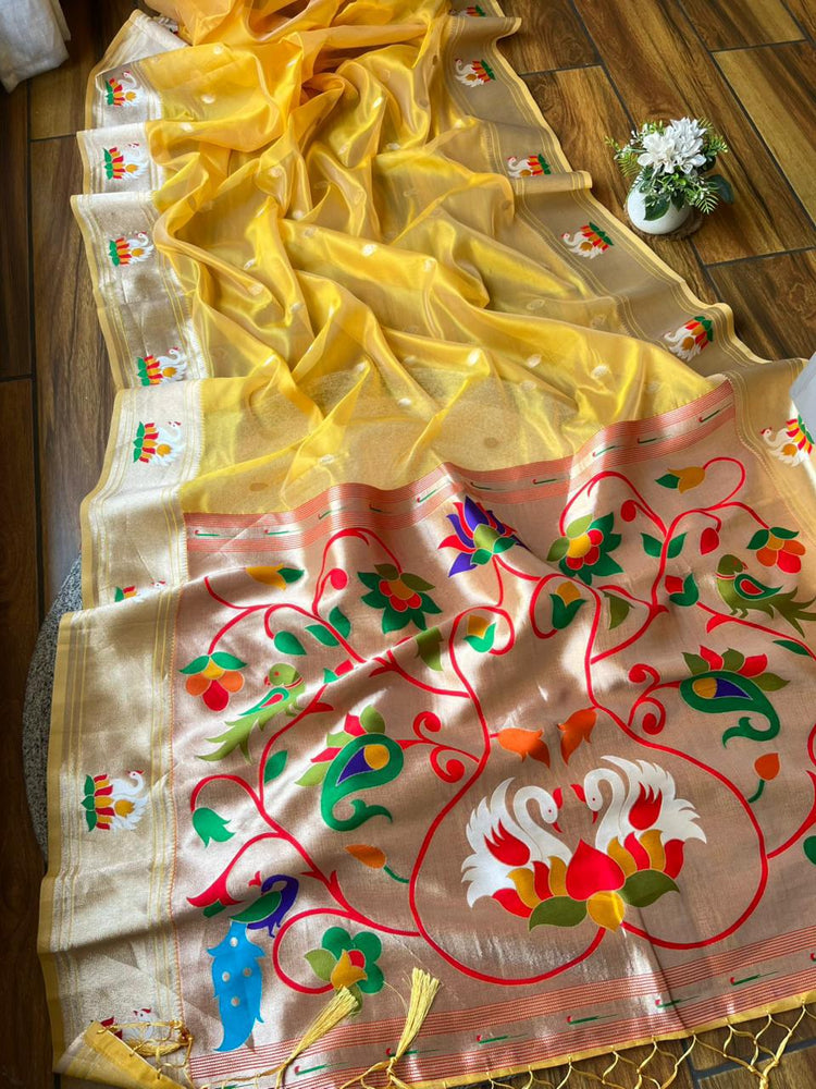 Organza Tissue Paithani Silk Saree - Yellow