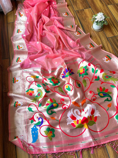 Organza Tissue Paithani Silk Saree - Hot Pink