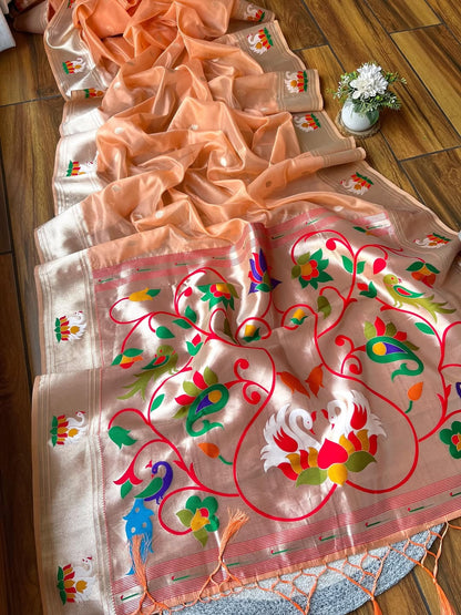 Organza Tissue Paithani Silk Saree - ORANGE