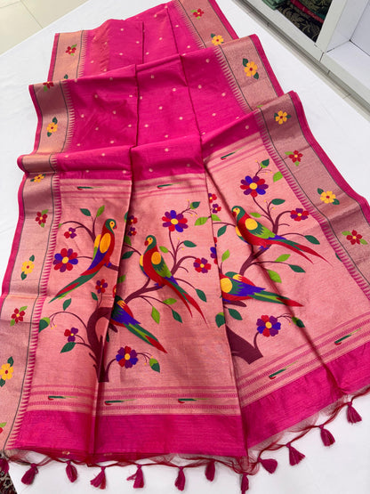 Khadi Raw Silk Saree | Traditional Floral & Parrot Design | Elegant Ethnic Saree - PINK