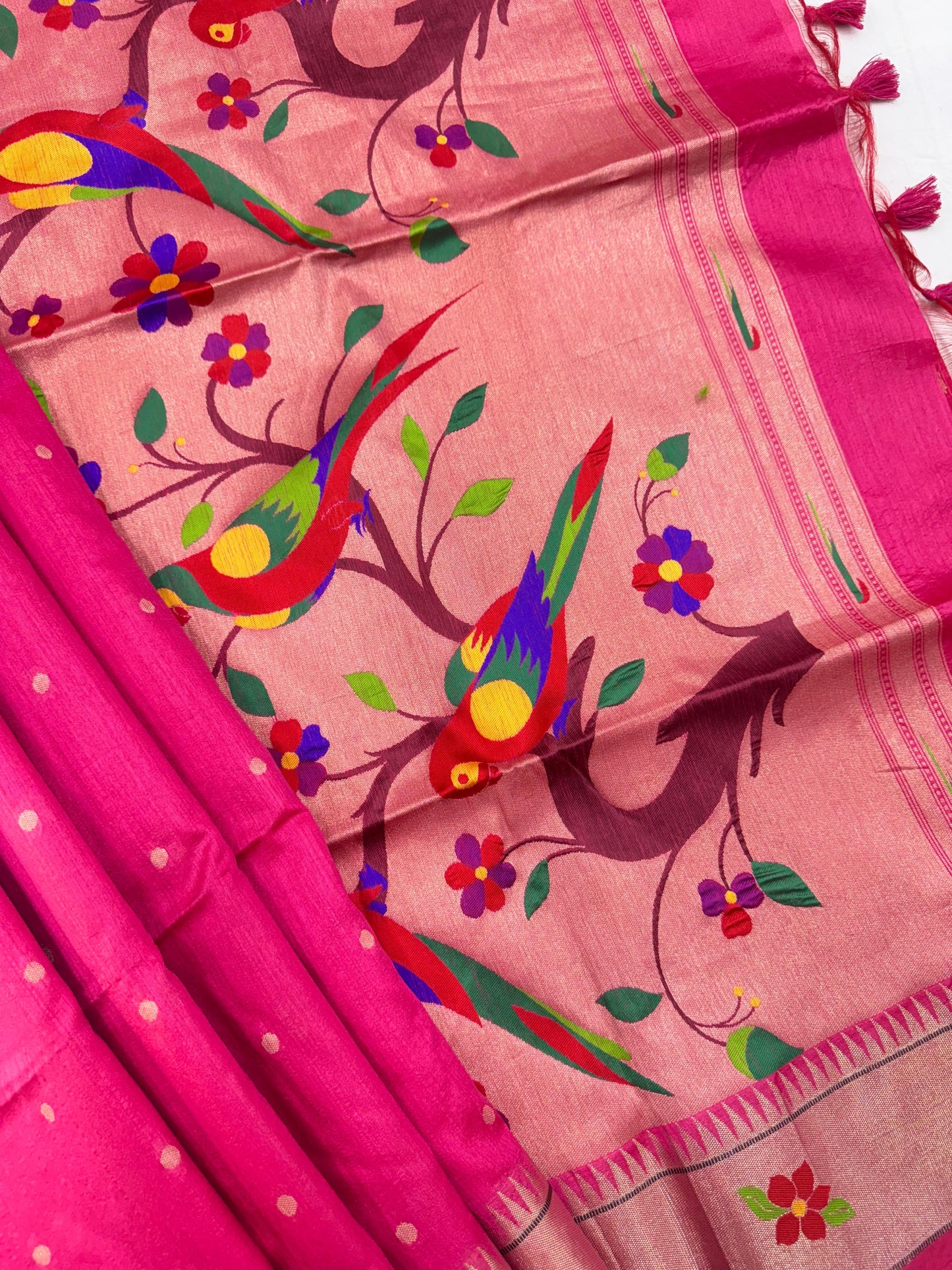 Khadi Raw Silk Saree | Traditional Floral & Parrot Design | Elegant Ethnic Saree - PINK