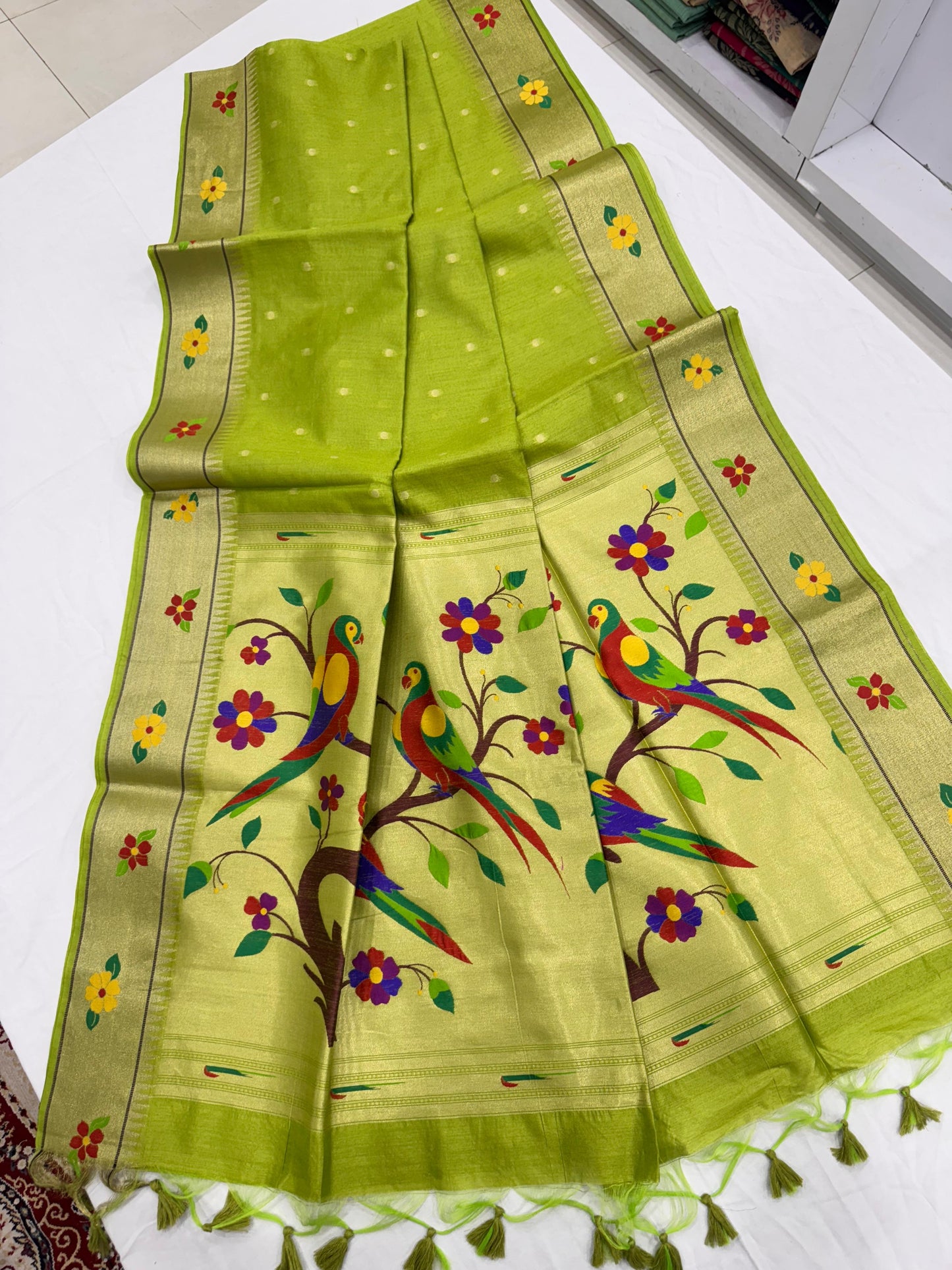 Khadi Raw Silk Saree | Traditional Floral & Parrot Design | Elegant Ethnic Saree -PISTA