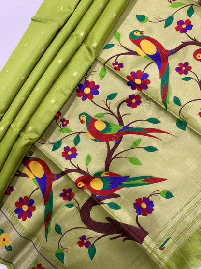 Khadi Raw Silk Saree | Traditional Floral & Parrot Design | Elegant Ethnic Saree -PISTA