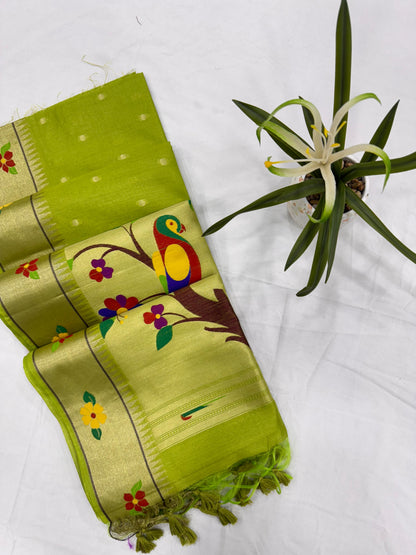 Khadi Raw Silk Saree | Traditional Floral & Parrot Design | Elegant Ethnic Saree -PISTA