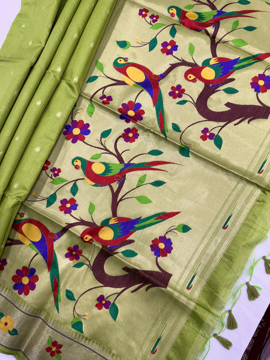 Khadi Raw Silk Saree | Traditional Floral & Parrot Design | Elegant Ethnic Saree -PISTA