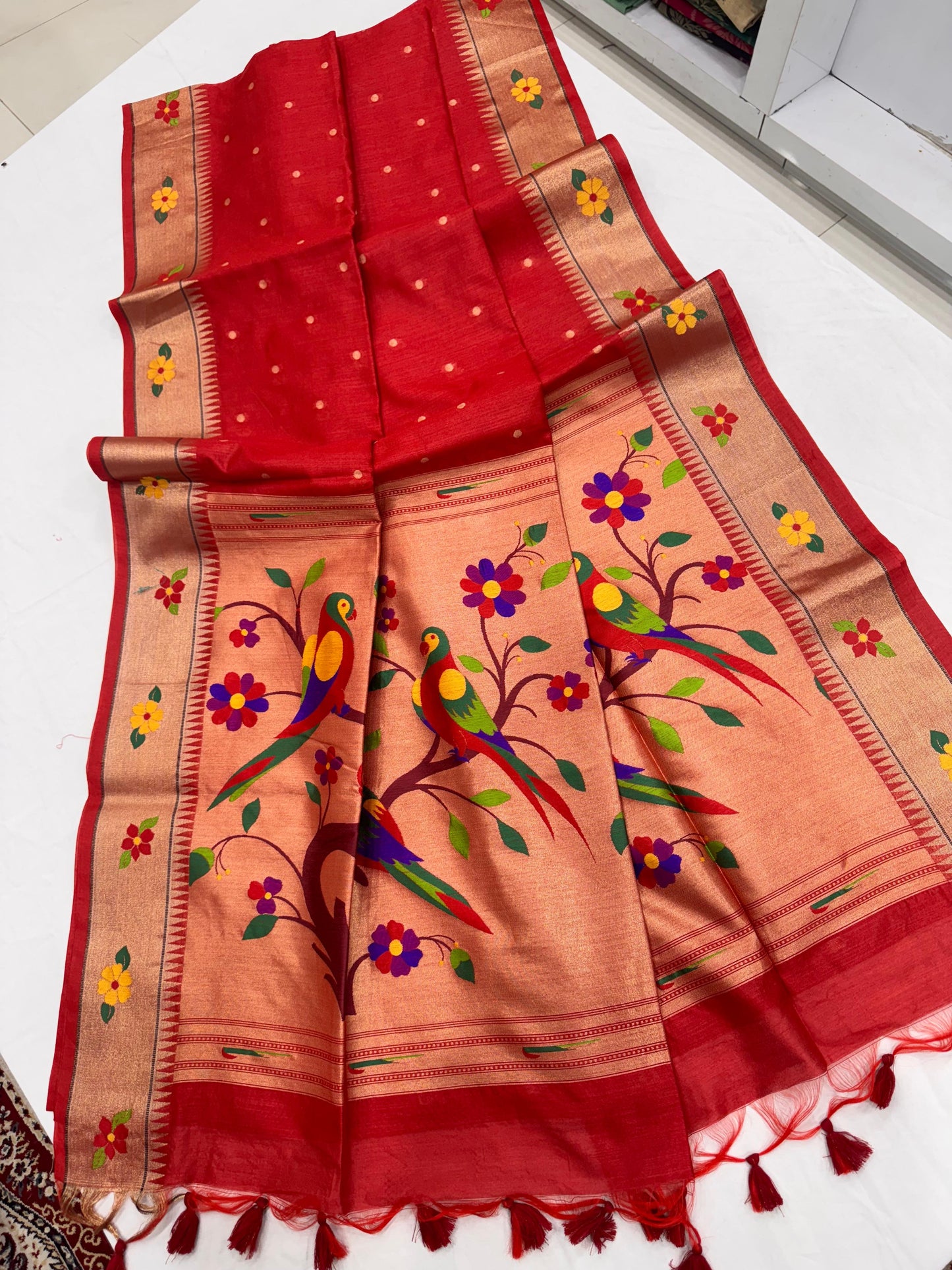 Khadi Raw Silk Saree | Traditional Floral & Parrot Design | Elegant Ethnic Saree -RED