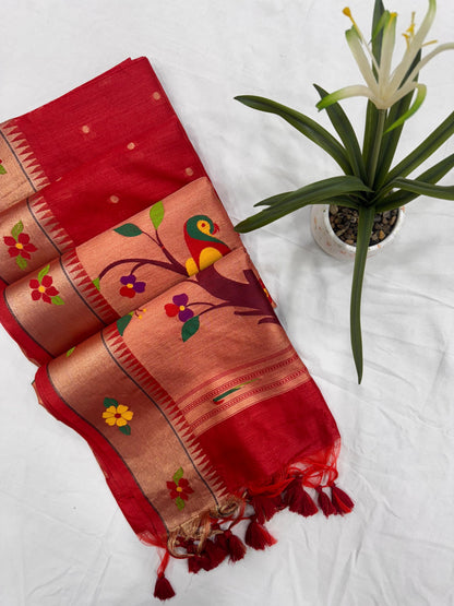 Khadi Raw Silk Saree | Traditional Floral & Parrot Design | Elegant Ethnic Saree -RED