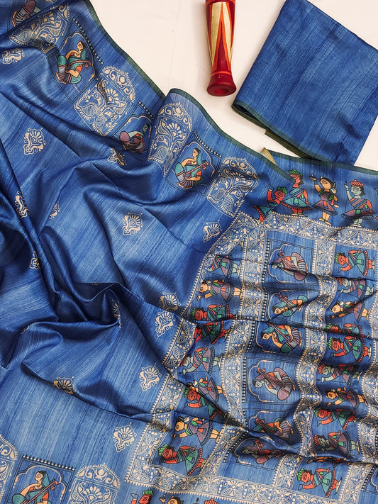 Madhubani Printed Saree - BLUE