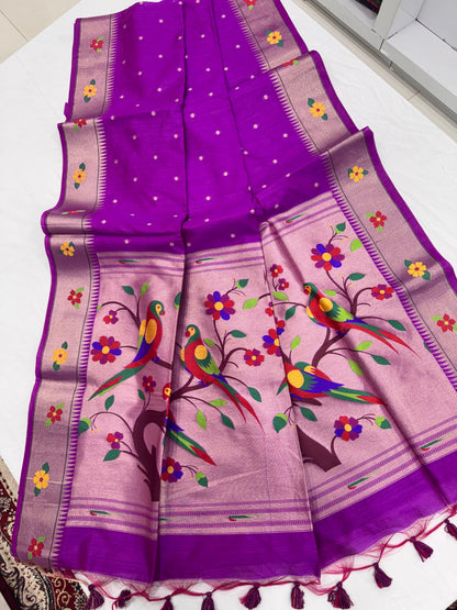Khadi Raw Silk Saree | Traditional Floral & Parrot Design | Elegant Ethnic Saree -WINE