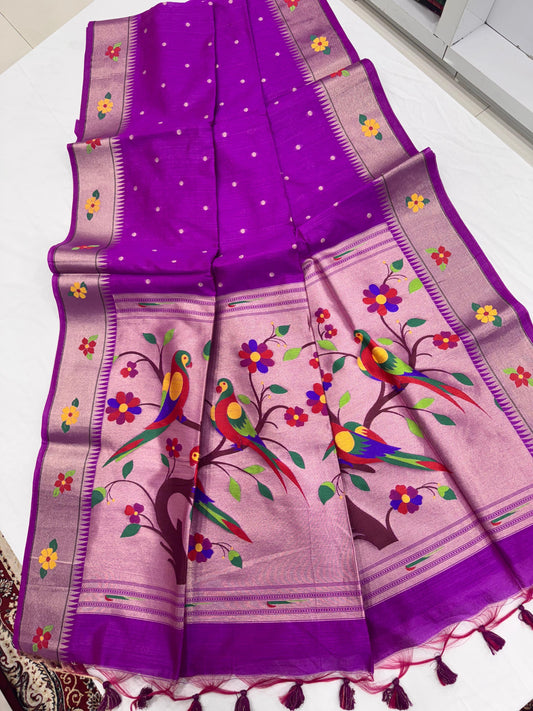 Khadi Raw Silk Saree | Traditional Floral & Parrot Design | Elegant Ethnic Saree -WINE