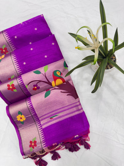 Khadi Raw Silk Saree | Traditional Floral & Parrot Design | Elegant Ethnic Saree -WINE